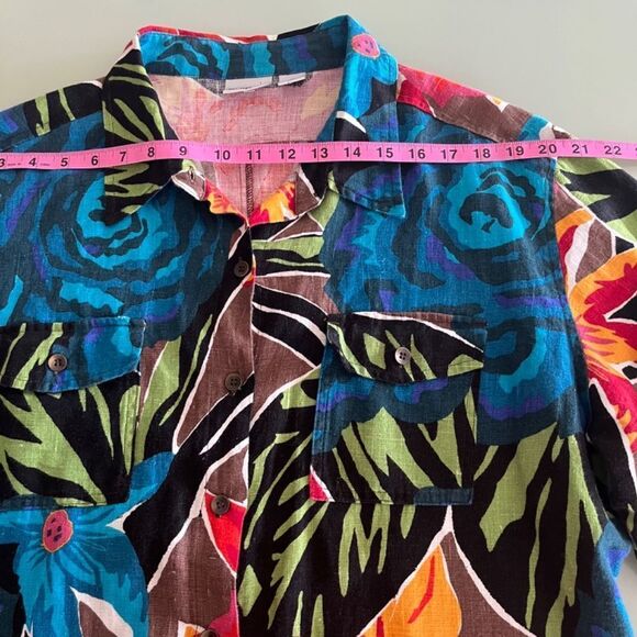 Chico’s Woman Blouse/Tunic Large button down Linen  3/4 sleeves Tropical print - Picture 10 of 17